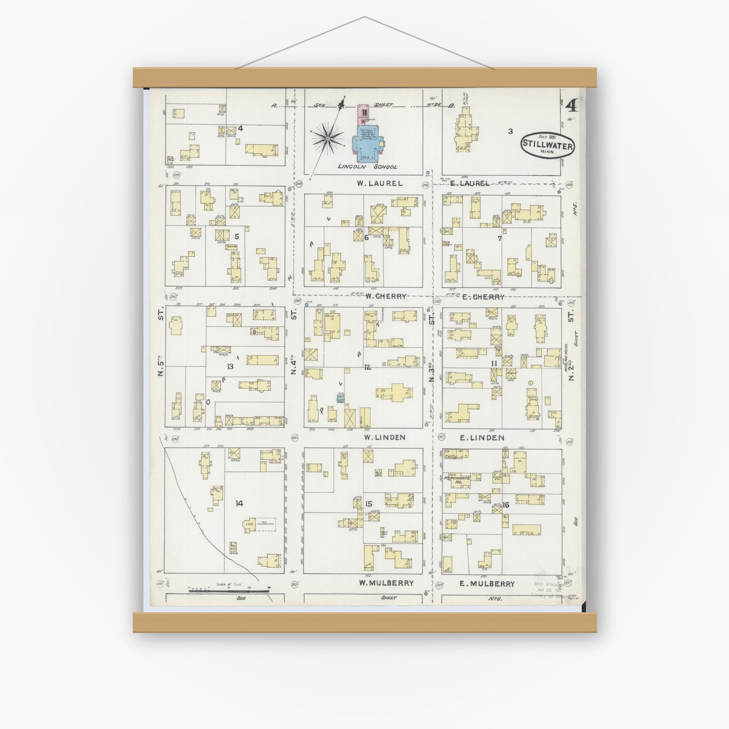 Old map wall art mockup — magnetic wood frame on white wall — Sanborn Fire Insurance Map from Stillwater, Washington County, Minnesota (1891), Sheet #0004