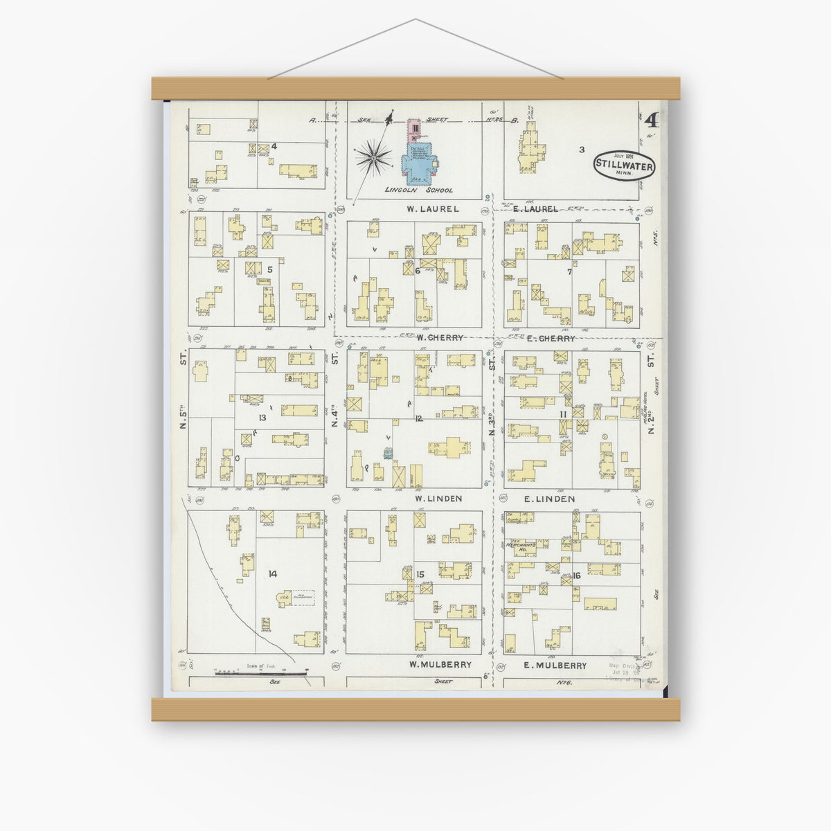 Old map wall art mockup — magnetic wood frame on white wall — Sanborn Fire Insurance Map from Stillwater, Washington County, Minnesota (1891), Sheet #0004