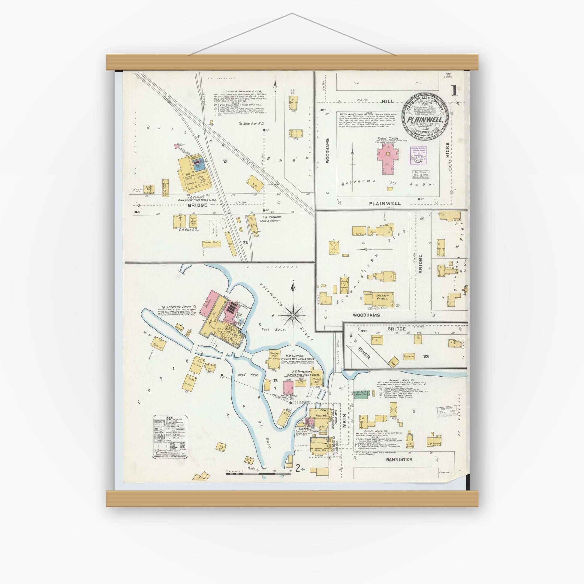 Old map wall art mockup — magnetic wood frame on white wall — Sanborn Fire Insurance Map from Plainwell, Allegan County, Michigan (1904) - Complete Map Set