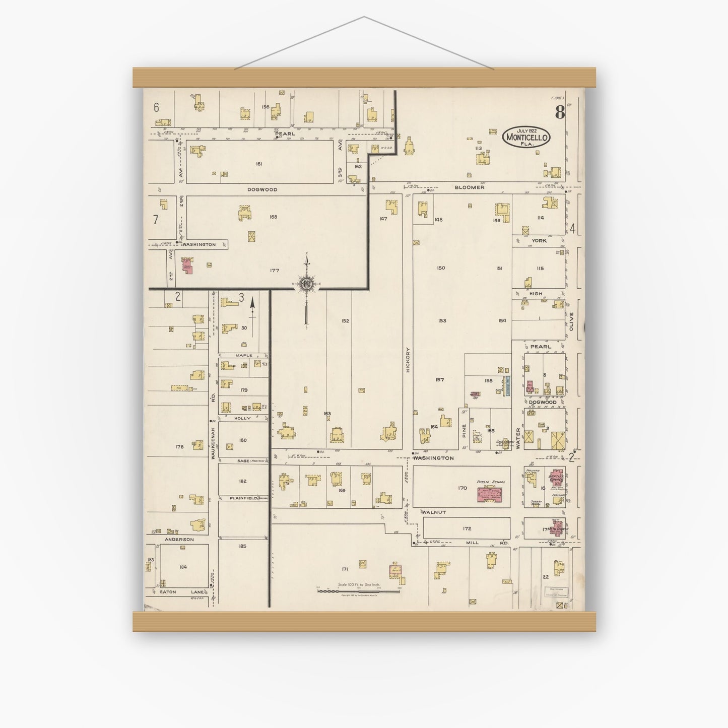 Old map wall art mockup — magnetic wood frame on white wall — Sanborn Fire Insurance Map from Monticello, Jefferson County, Florida (1922), Sheet #0008