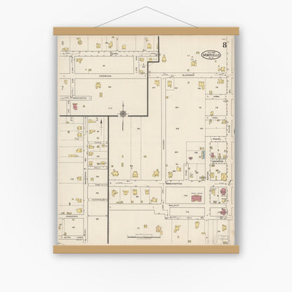 Old map wall art mockup — magnetic wood frame on white wall — Sanborn Fire Insurance Map from Monticello, Jefferson County, Florida (1922), Sheet #0008