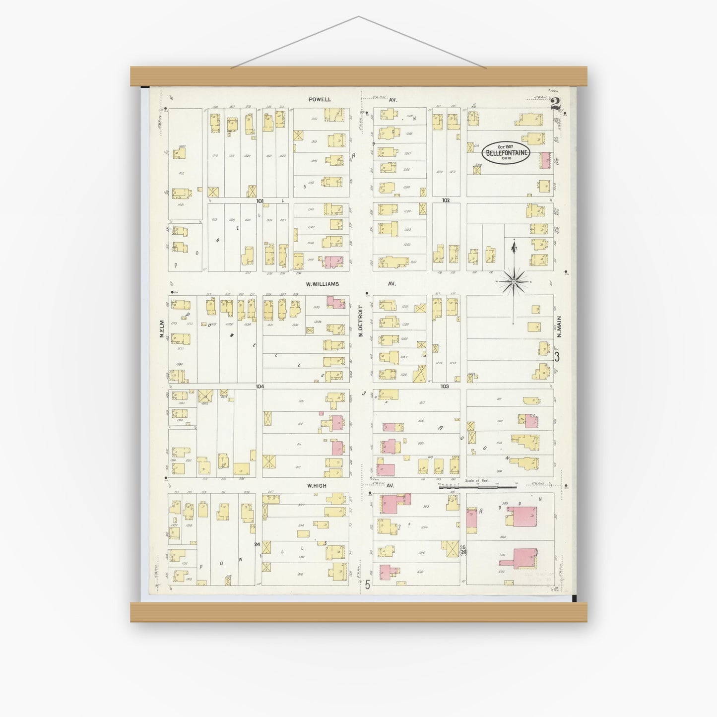 Old map wall art mockup — magnetic wood frame on white wall — Sanborn Fire Insurance Map from Bellefontaine, Logan County, Ohio (1907), Sheet #0002