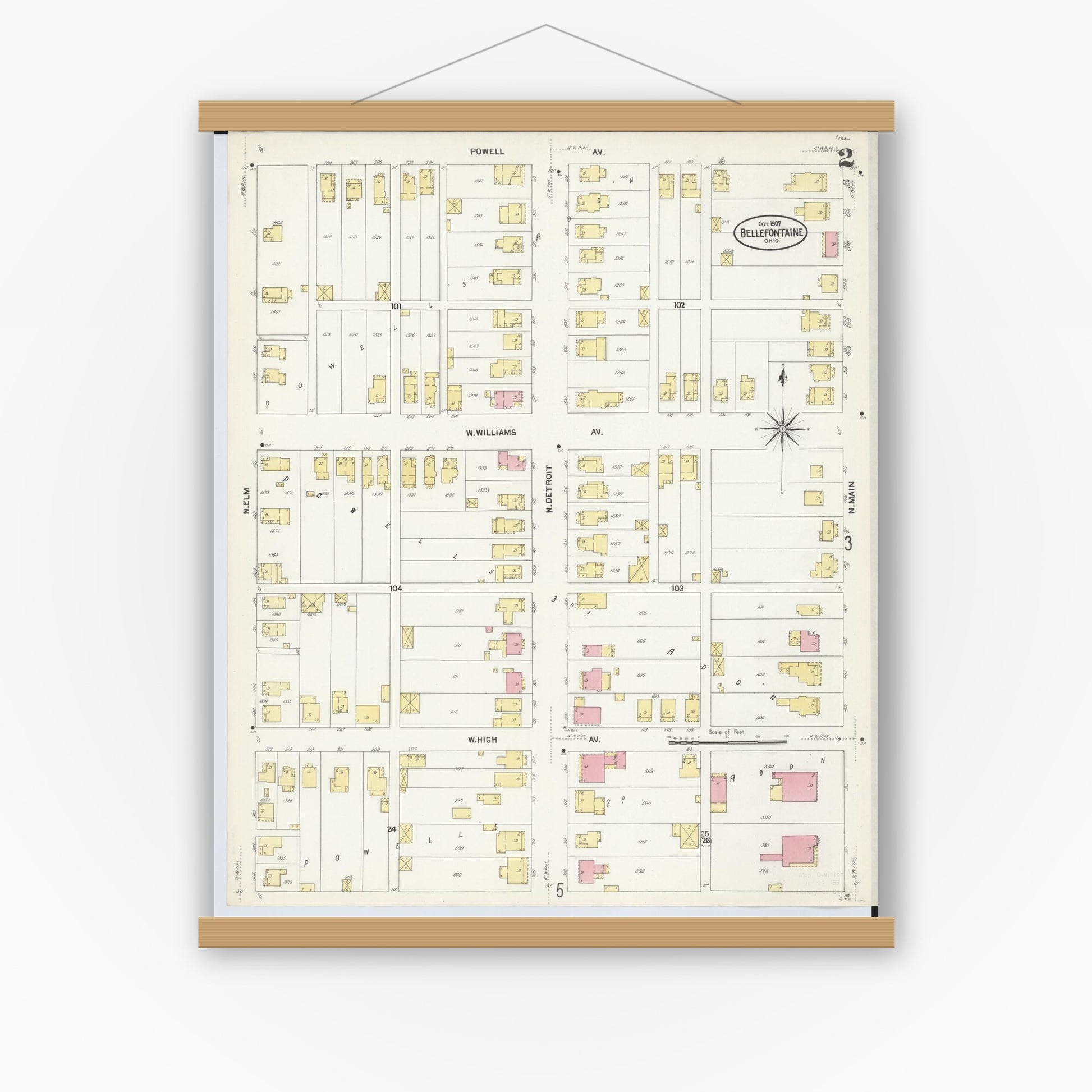 Old map wall art mockup — magnetic wood frame on white wall — Sanborn Fire Insurance Map from Bellefontaine, Logan County, Ohio (1907), Sheet #0002