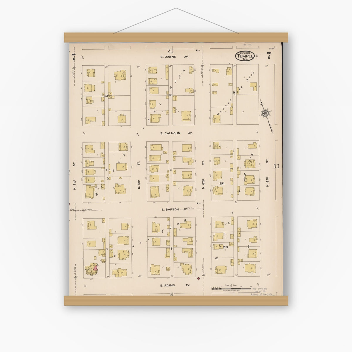 Old map wall art mockup — magnetic wood frame on white wall — Sanborn Fire Insurance Map from Temple, Bell County, Texas (1922), Sheet #0007