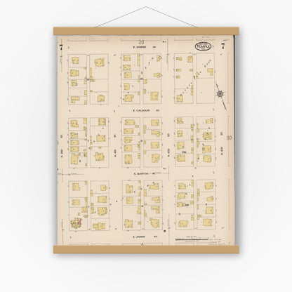 Old map wall art mockup — magnetic wood frame on white wall — Sanborn Fire Insurance Map from Temple, Bell County, Texas (1922), Sheet #0007