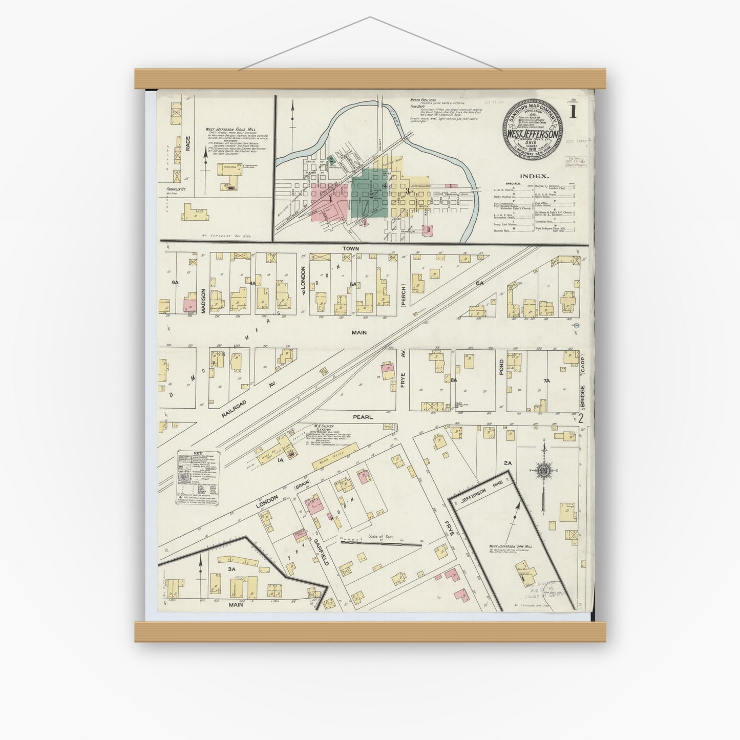 Old map wall art mockup — magnetic wood frame on white wall — Sanborn Fire Insurance Map from West Jefferson, Madison County, Ohio (1910), Sheet #0001