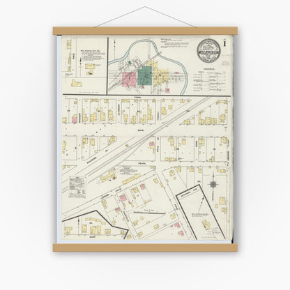 Old map wall art mockup — magnetic wood frame on white wall — Sanborn Fire Insurance Map from West Jefferson, Madison County, Ohio (1910), Sheet #0001