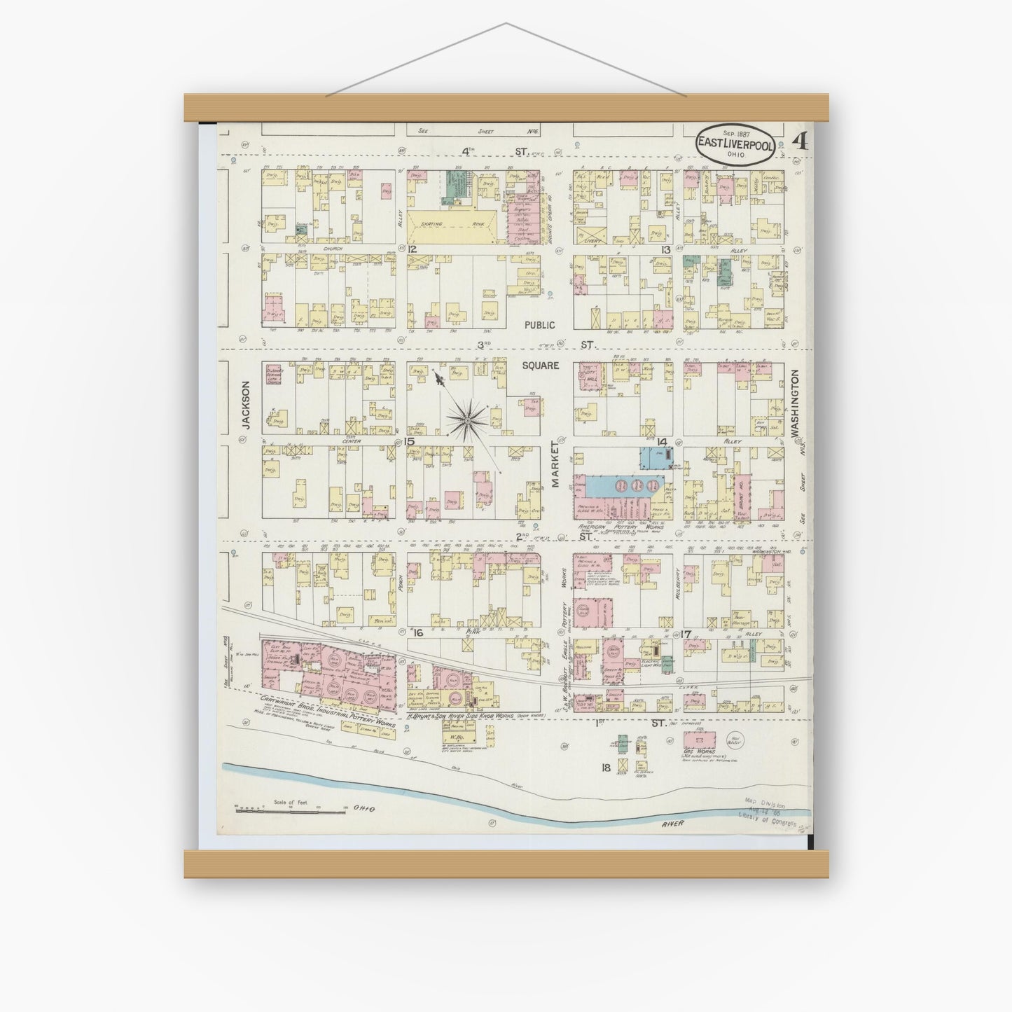 Old map wall art mockup — magnetic wood frame on white wall — Sanborn Fire Insurance Map from East Liverpool, Columbiana County, Ohio (1887), Sheet #0004