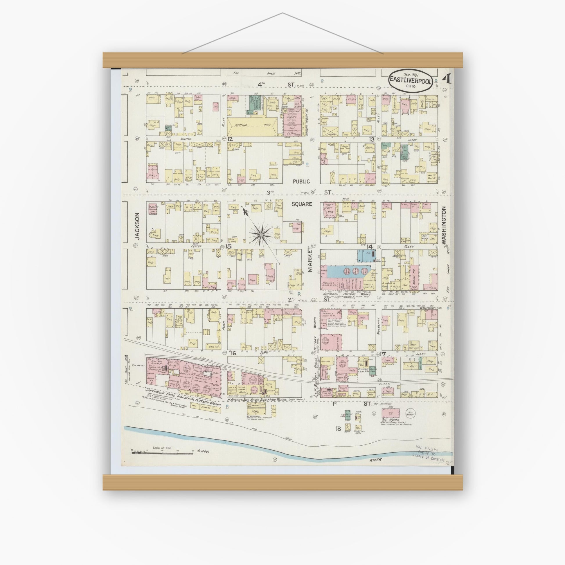 Old map wall art mockup — magnetic wood frame on white wall — Sanborn Fire Insurance Map from East Liverpool, Columbiana County, Ohio (1887), Sheet #0004