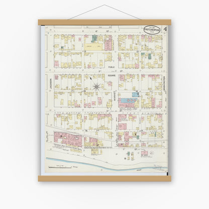 Old map wall art mockup — magnetic wood frame on white wall — Sanborn Fire Insurance Map from East Liverpool, Columbiana County, Ohio (1887), Sheet #0004