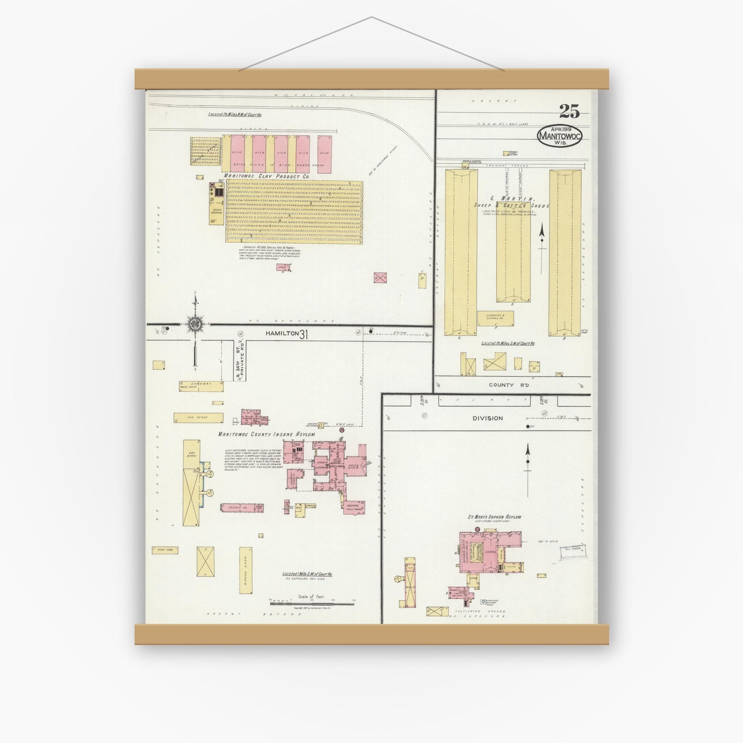 Old map wall art mockup — magnetic wood frame on white wall — Sanborn Fire Insurance Map from Manitowoc, Manitowoc County, Wisconsin (1919), Sheet #0025