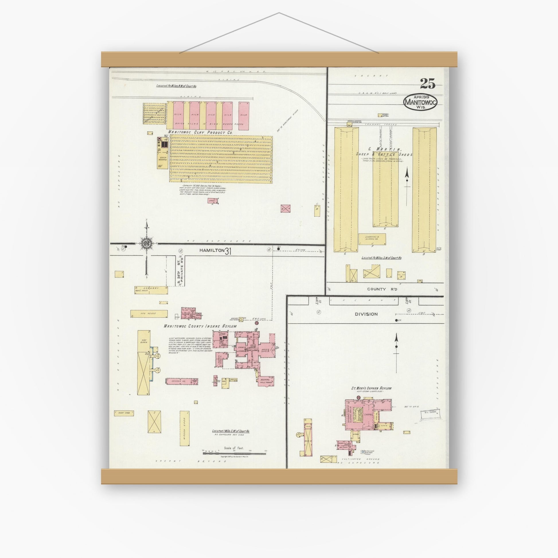 Old map wall art mockup — magnetic wood frame on white wall — Sanborn Fire Insurance Map from Manitowoc, Manitowoc County, Wisconsin (1919), Sheet #0025
