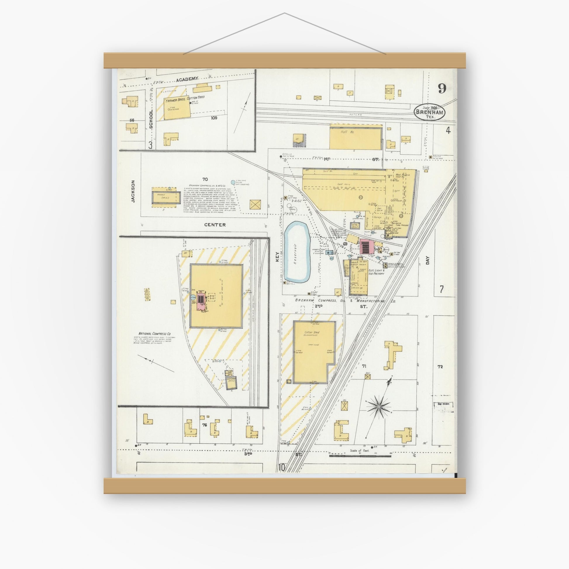 Old map wall art mockup — magnetic wood frame on white wall — Sanborn Fire Insurance Map from Brenham, Washington County, Texas (1906), Sheet #0009