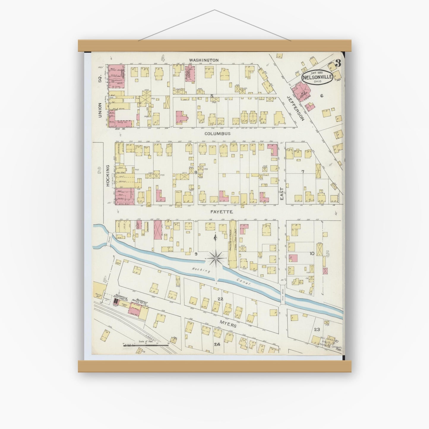 Old map wall art mockup — magnetic wood frame on white wall — Sanborn Fire Insurance Map from Nelsonville, Athens County, Ohio (1893), Sheet #0003