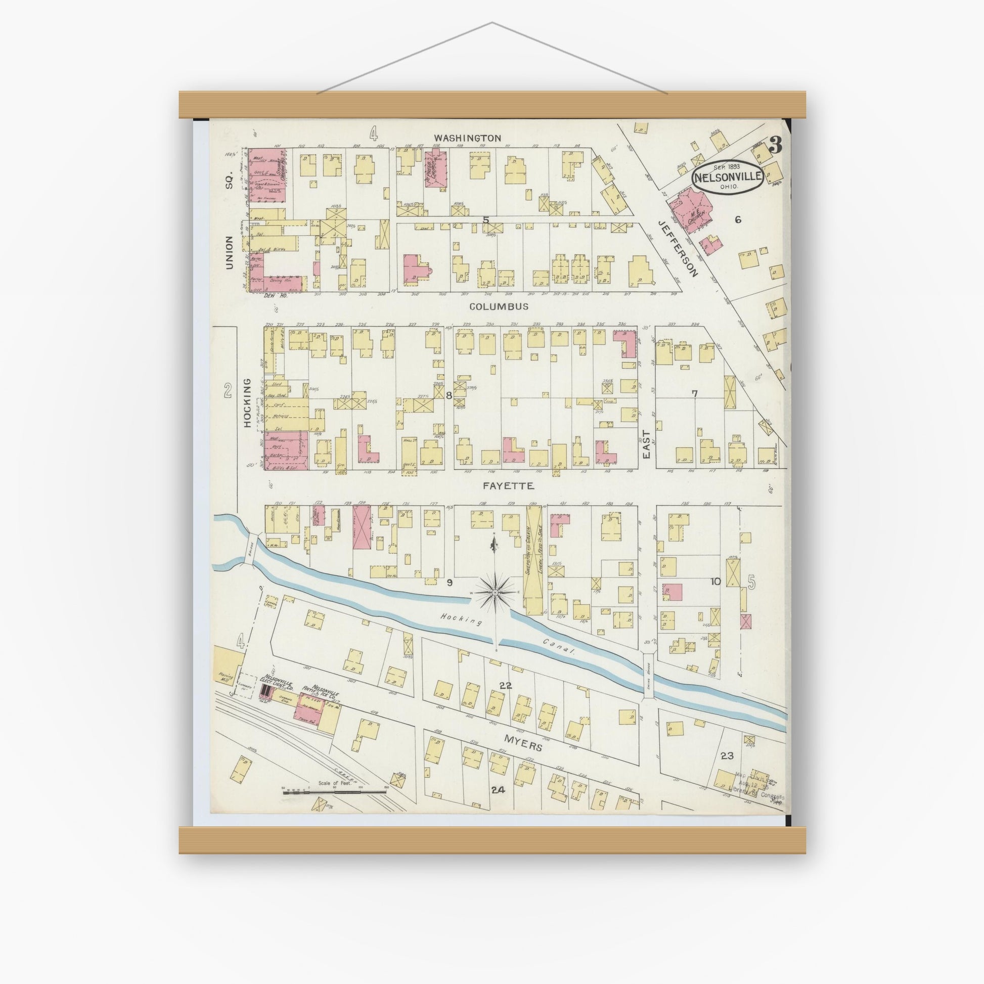 Old map wall art mockup — magnetic wood frame on white wall — Sanborn Fire Insurance Map from Nelsonville, Athens County, Ohio (1893), Sheet #0003