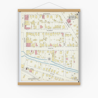 Old map wall art mockup — magnetic wood frame on white wall — Sanborn Fire Insurance Map from Nelsonville, Athens County, Ohio (1893), Sheet #0003