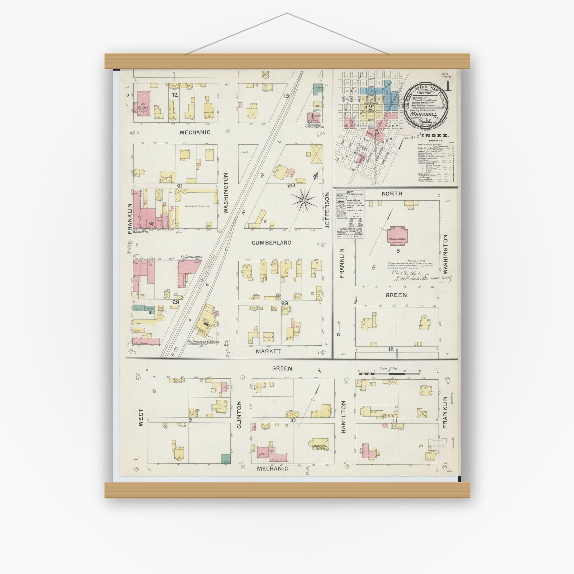 Old map wall art mockup — magnetic wood frame on white wall — Sanborn Fire Insurance Map from Marshall, Clark County, Illinois (1892), Sheet #0001