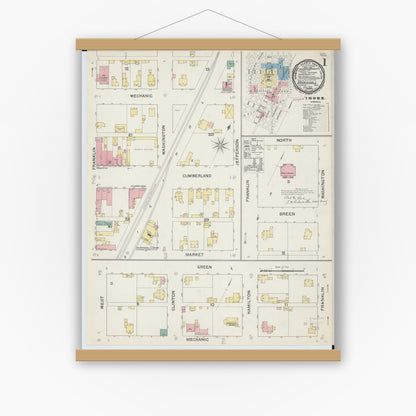 Old map wall art mockup — magnetic wood frame on white wall — Sanborn Fire Insurance Map from Marshall, Clark County, Illinois (1892), Sheet #0001
