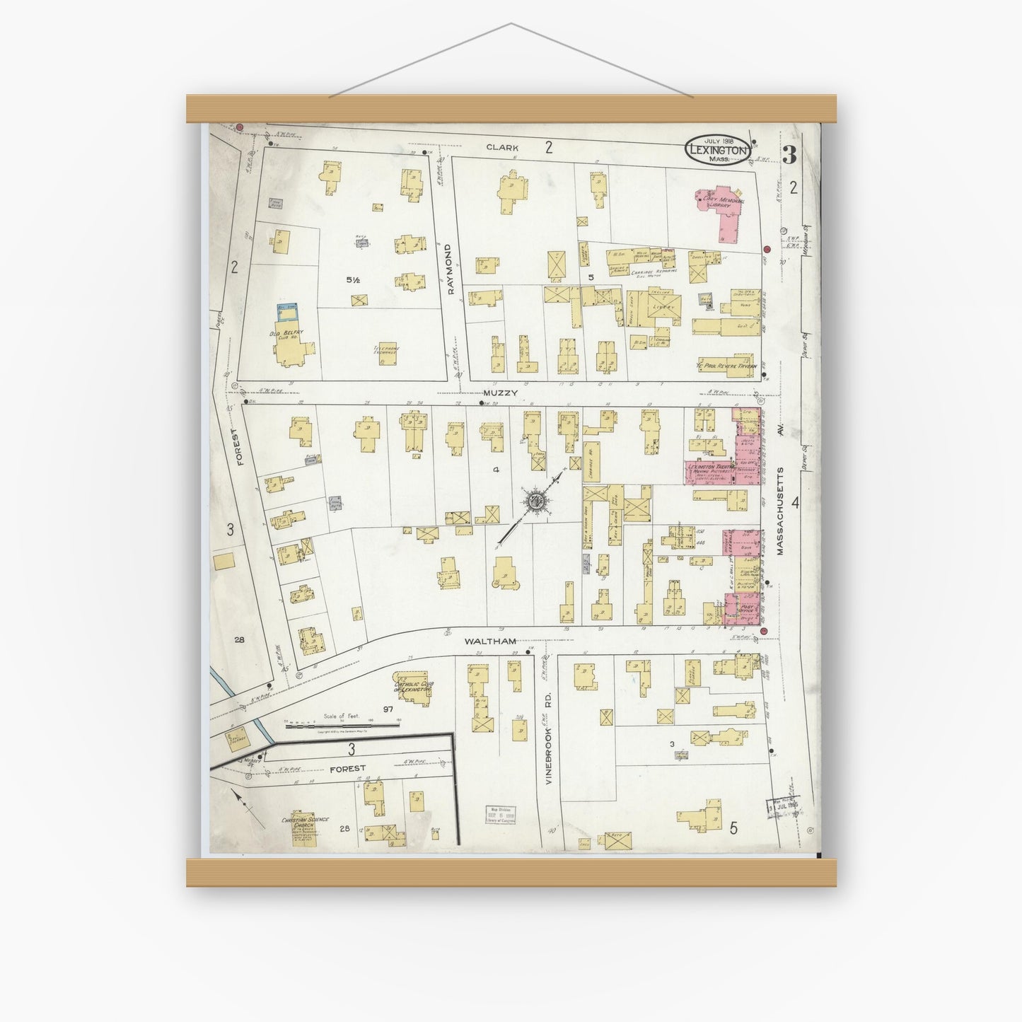 Old map wall art mockup — magnetic wood frame on white wall — Sanborn Fire Insurance Map from Lexington, Middlesex County, Massachusetts (1918), Sheet #0003