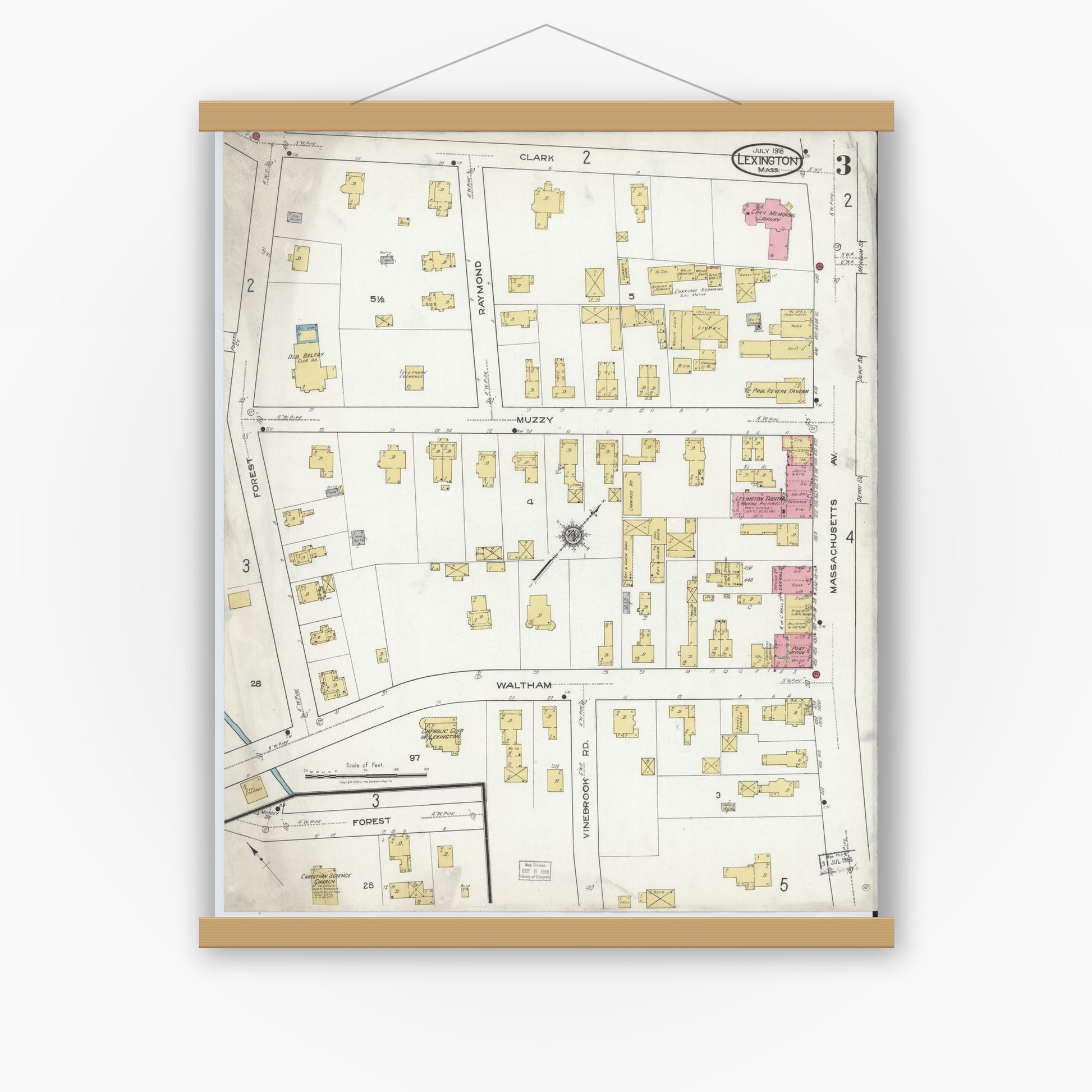 Old map wall art mockup — magnetic wood frame on white wall — Sanborn Fire Insurance Map from Lexington, Middlesex County, Massachusetts (1918), Sheet #0003