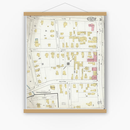 Old map wall art mockup — magnetic wood frame on white wall — Sanborn Fire Insurance Map from Lexington, Middlesex County, Massachusetts (1918), Sheet #0003