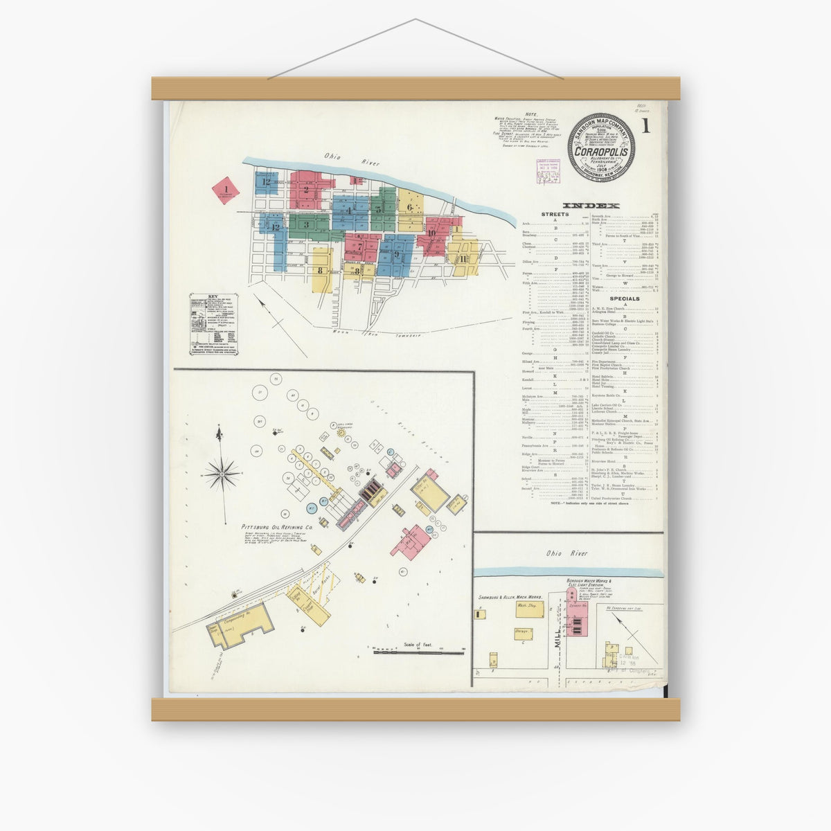 Old map wall art mockup — magnetic wood frame on white wall — Sanborn Fire Insurance Map from Coraopolis, Allegheny County, Pennsylvania (1906), Sheet #0001
