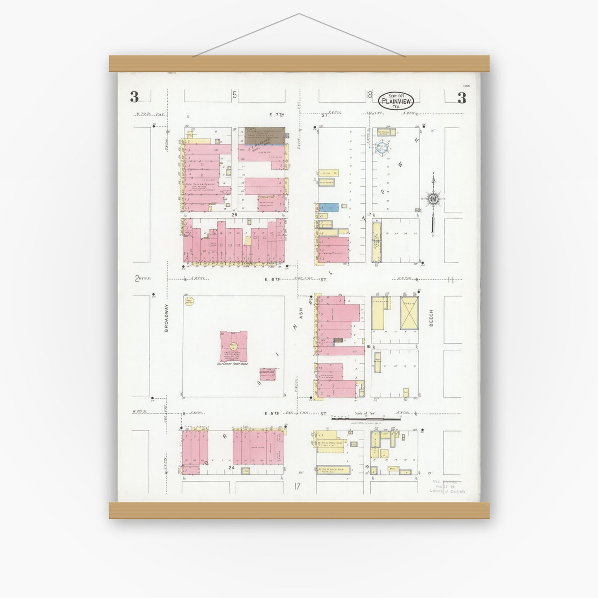 Old map wall art mockup — magnetic wood frame on white wall — Sanborn Fire Insurance Map from Plainview, Hale County, Texas (1927), Sheet #0003