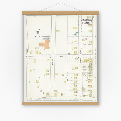 Old map wall art mockup — magnetic wood frame on white wall — Sanborn Fire Insurance Map from Daytona Beach, Volusia County, Florida (1916), Sheet #0006