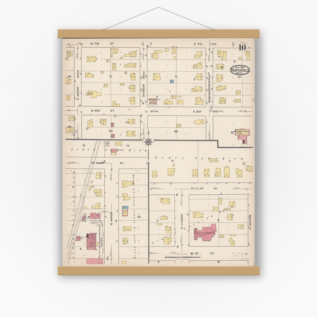 Old map wall art mockup — magnetic wood frame on white wall — Sanborn Fire Insurance Map from Northfield, Rice County, Minnesota (1922), Sheet #0010