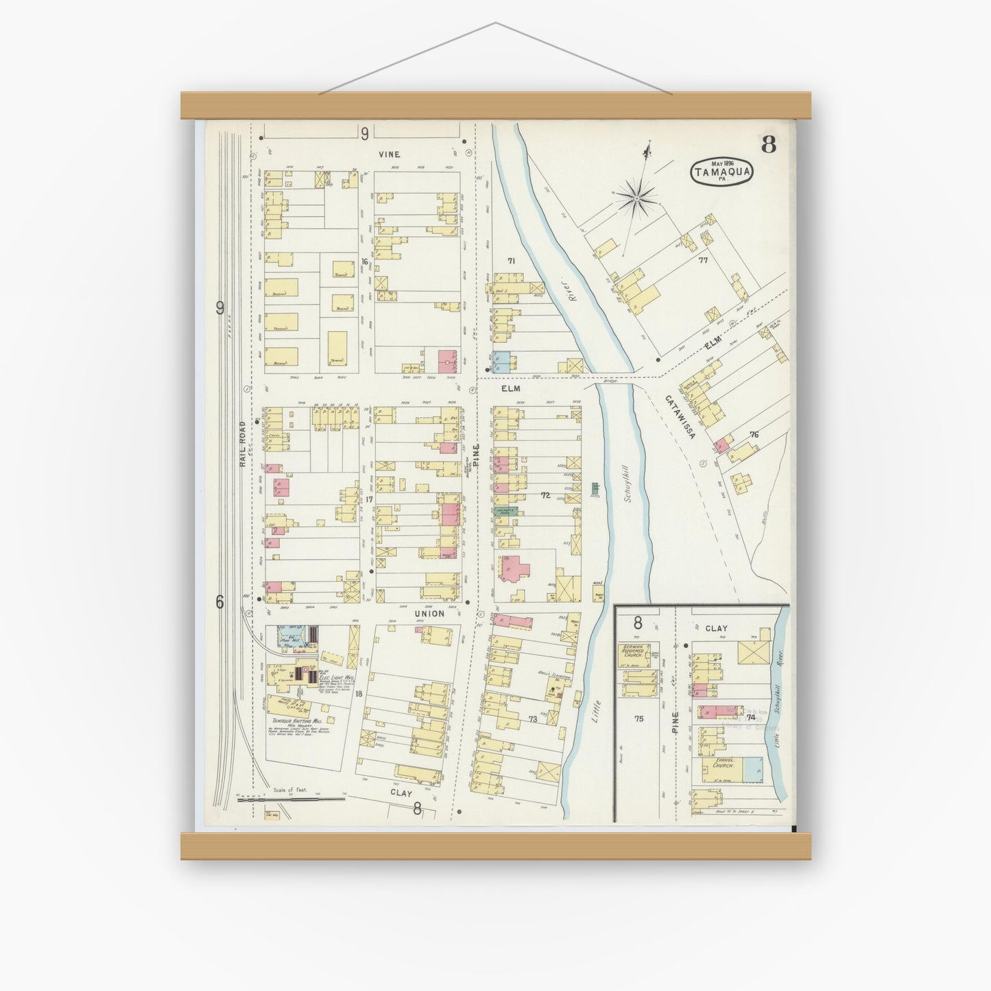 Old map wall art mockup — magnetic wood frame on white wall — Sanborn Fire Insurance Map from Tamaqua, Schuylkill County, Pennsylvania (1896), Sheet #0008