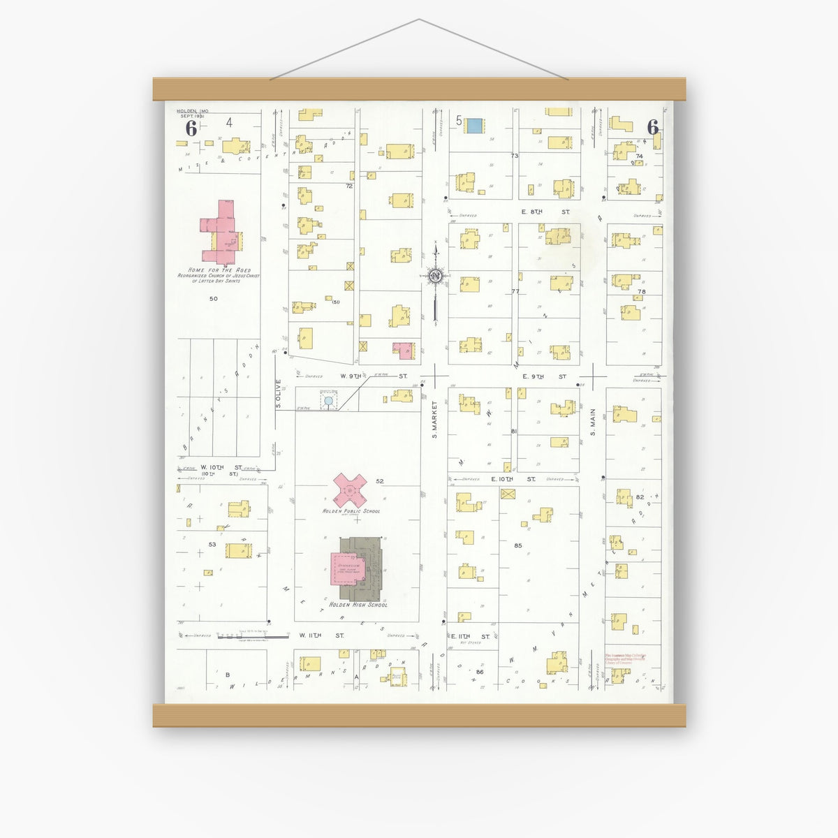 Old map wall art mockup — magnetic wood frame on white wall — Sanborn Fire Insurance Map from Holden, Johnson County, Missouri (1931), Sheet #0006