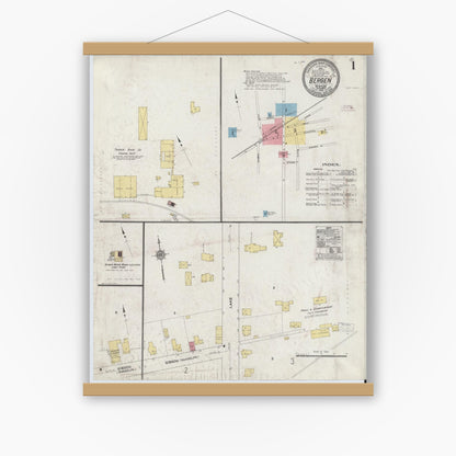 Old map wall art mockup — magnetic wood frame on white wall — Sanborn Fire Insurance Map from Bergen, Genesee County, New York (1910), Sheet #0001