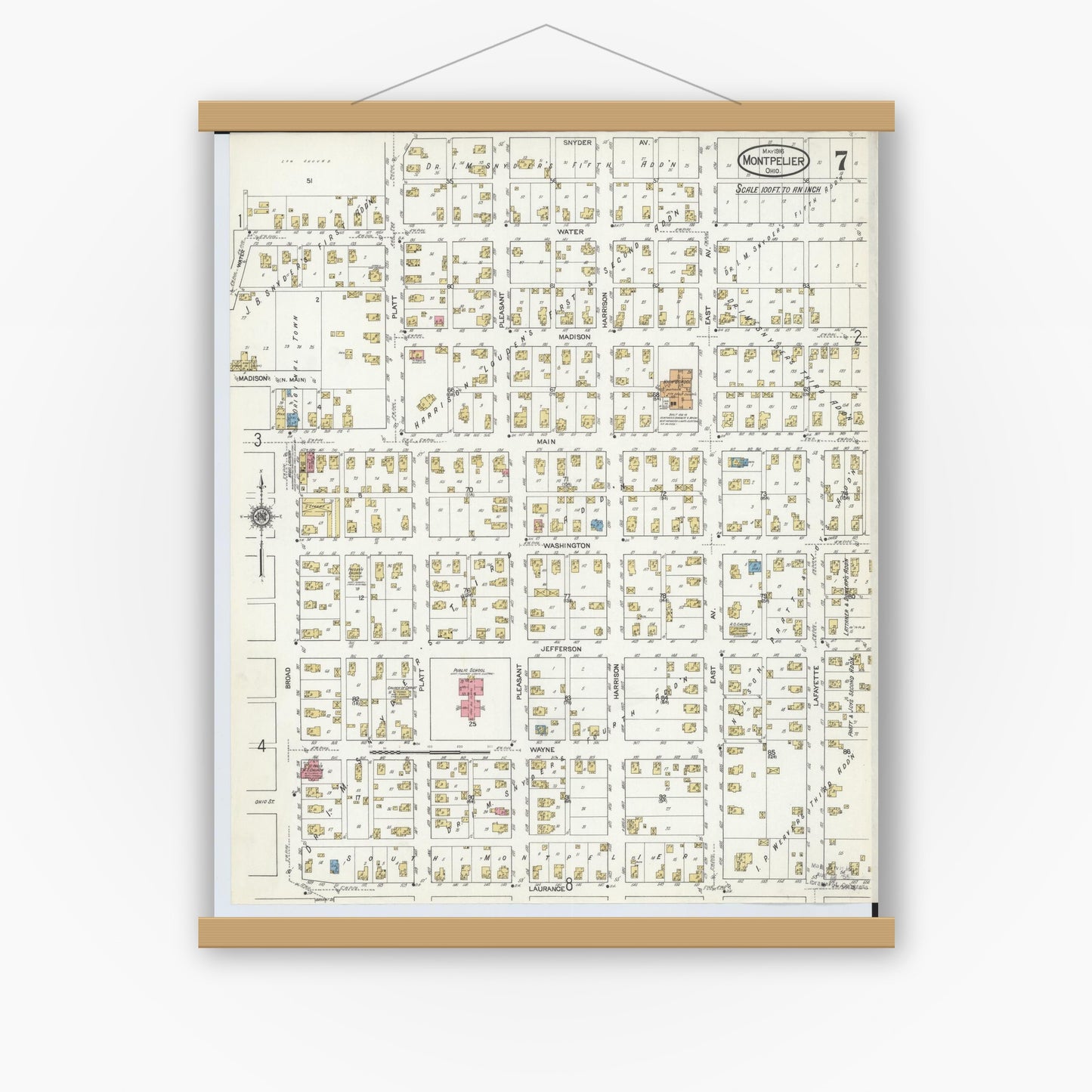 Old map wall art mockup — magnetic wood frame on white wall — Sanborn Fire Insurance Map from Montpelier, Williams County, Ohio (1916), Sheet #0007