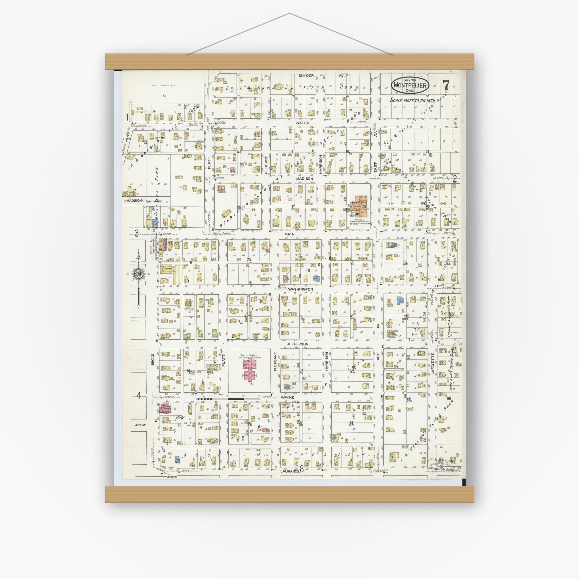 Old map wall art mockup — magnetic wood frame on white wall — Sanborn Fire Insurance Map from Montpelier, Williams County, Ohio (1916), Sheet #0007