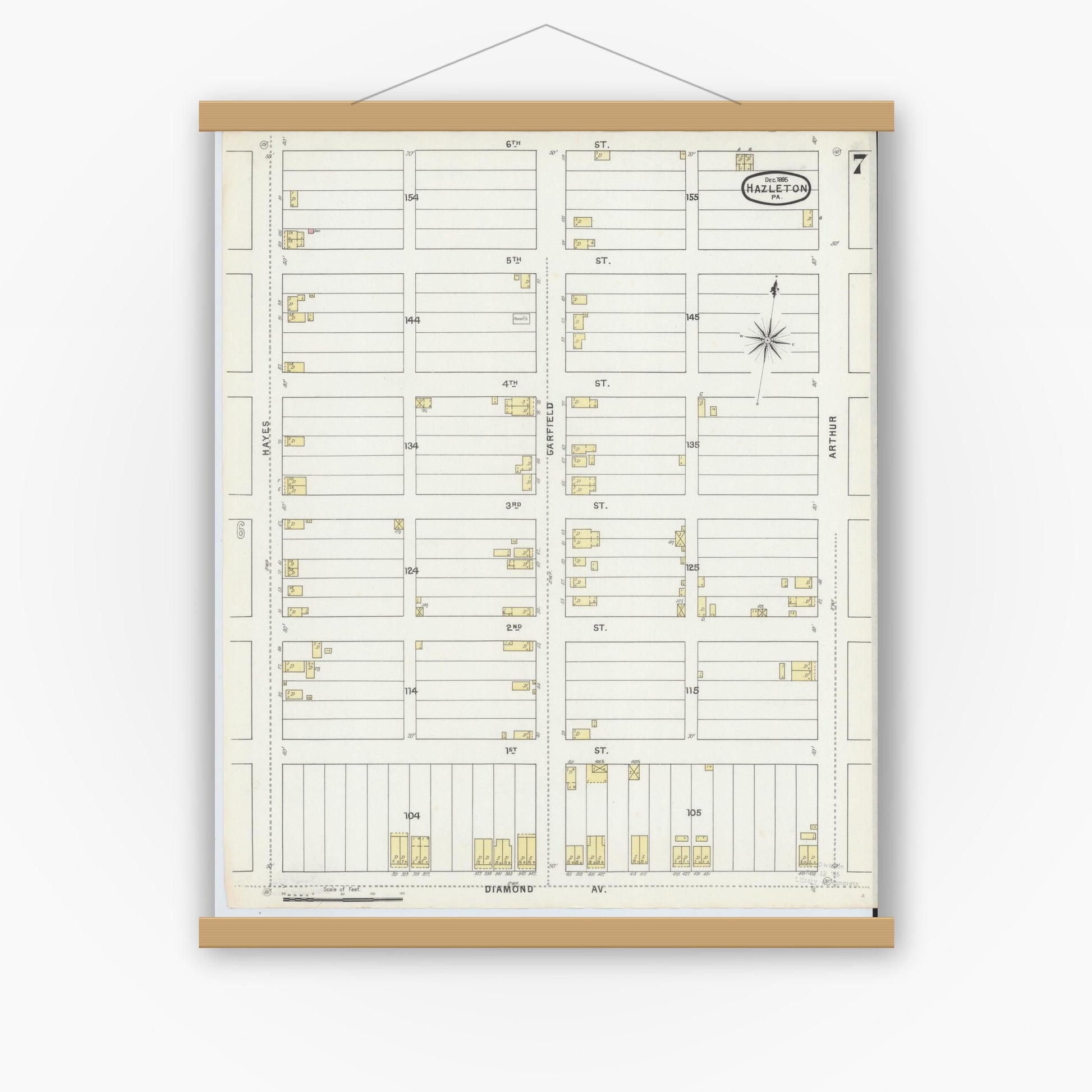 Old map wall art mockup — magnetic wood frame on white wall — Sanborn Fire Insurance Map from Hazleton, Luzerne County, Pennsylvania (1895), Sheet #0007