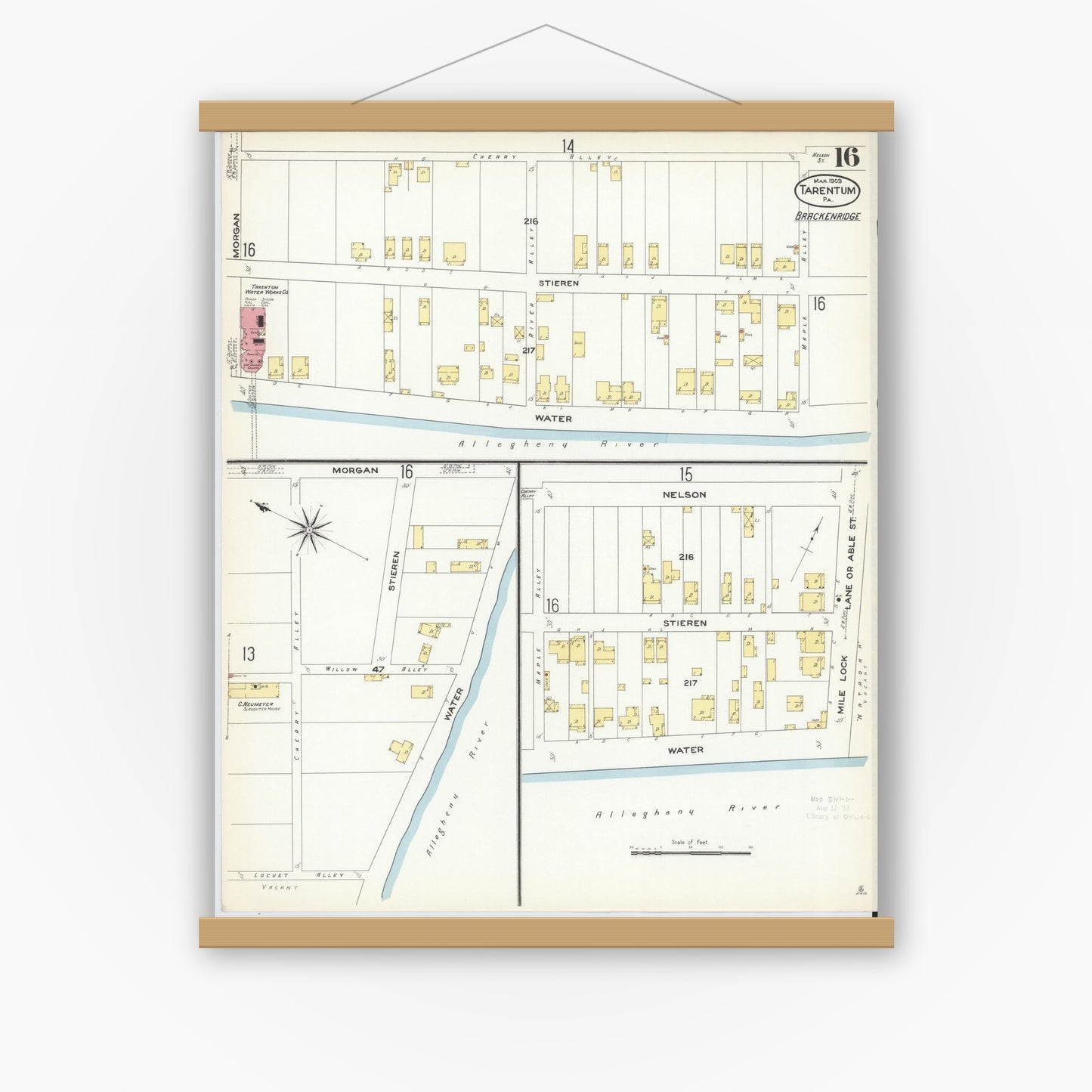 Old map wall art mockup — magnetic wood frame on white wall — Sanborn Fire Insurance Map from Tarentum, Allegheny County, Pennsylvania (1909), Sheet #0016