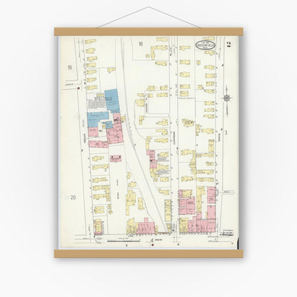 Old map wall art mockup — magnetic wood frame on white wall — Sanborn Fire Insurance Map from Greenfield, Franklin County, Massachusetts (1914), Sheet #0002