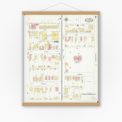 Old map wall art mockup — magnetic wood frame on white wall — Sanborn Fire Insurance Map from Chillicothe, Ross County, Ohio (1909), Sheet #0007