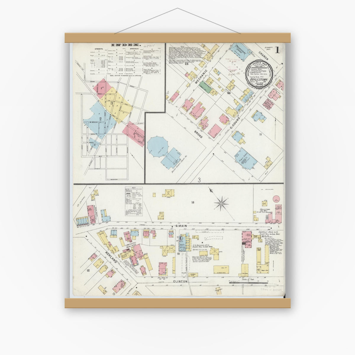 Old map wall art mockup — magnetic wood frame on white wall — Sanborn Fire Insurance Map from Doylestown, Bucks County, Pennsylvania (1896), Sheet #0001