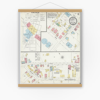 Old map wall art mockup — magnetic wood frame on white wall — Sanborn Fire Insurance Map from Doylestown, Bucks County, Pennsylvania (1896), Sheet #0001