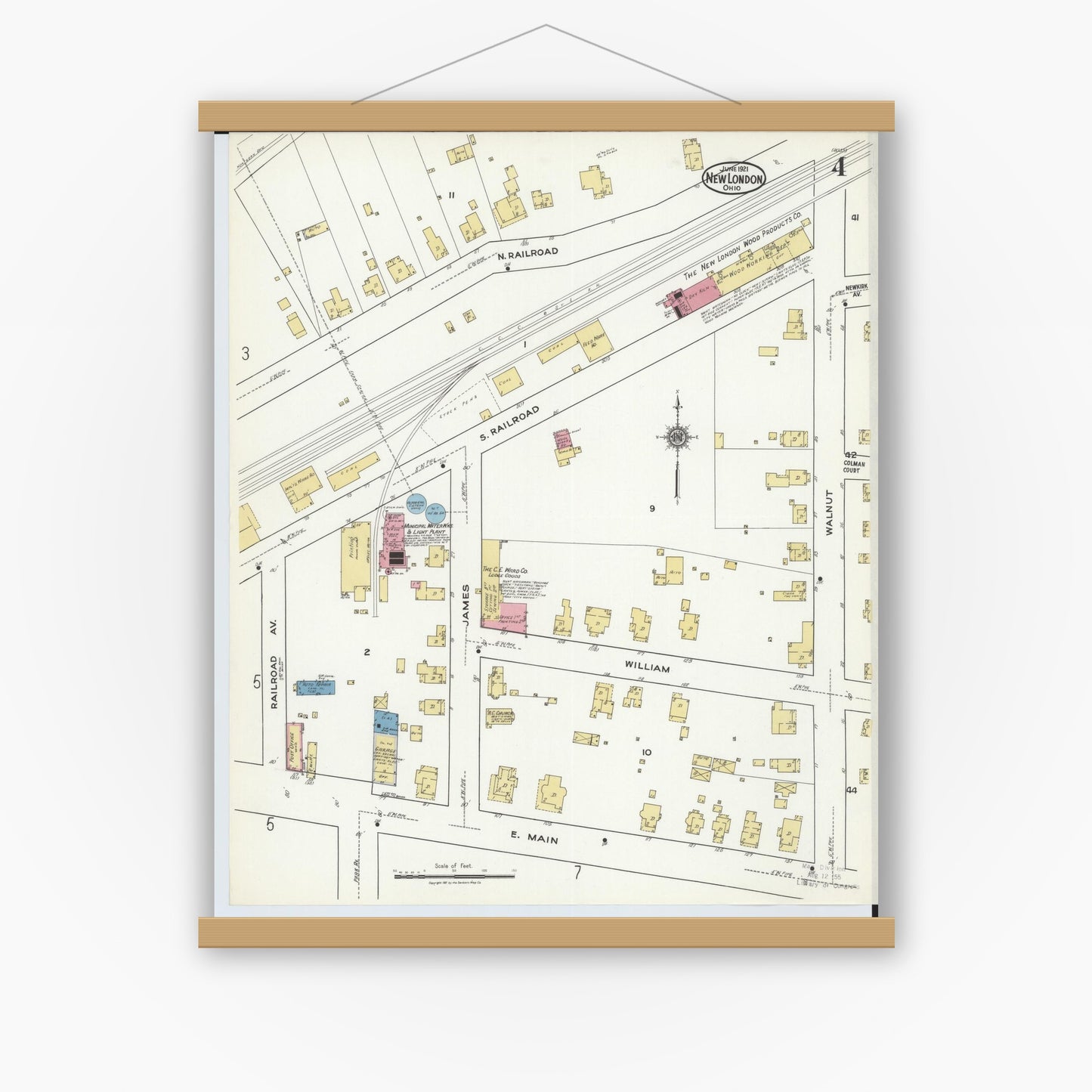 Old map wall art mockup — magnetic wood frame on white wall — Sanborn Fire Insurance Map from New London, Huron County, Ohio (1921), Sheet #0004