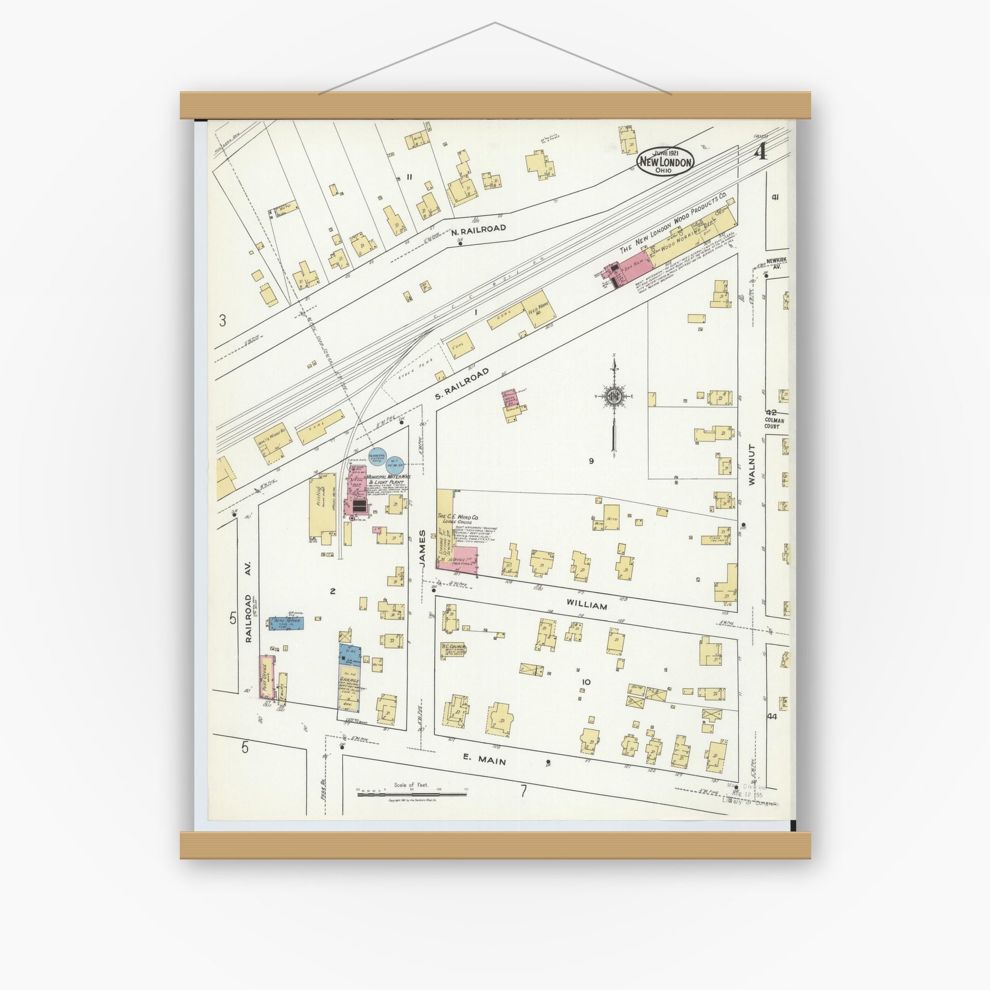 Old map wall art mockup — magnetic wood frame on white wall — Sanborn Fire Insurance Map from New London, Huron County, Ohio (1921), Sheet #0004