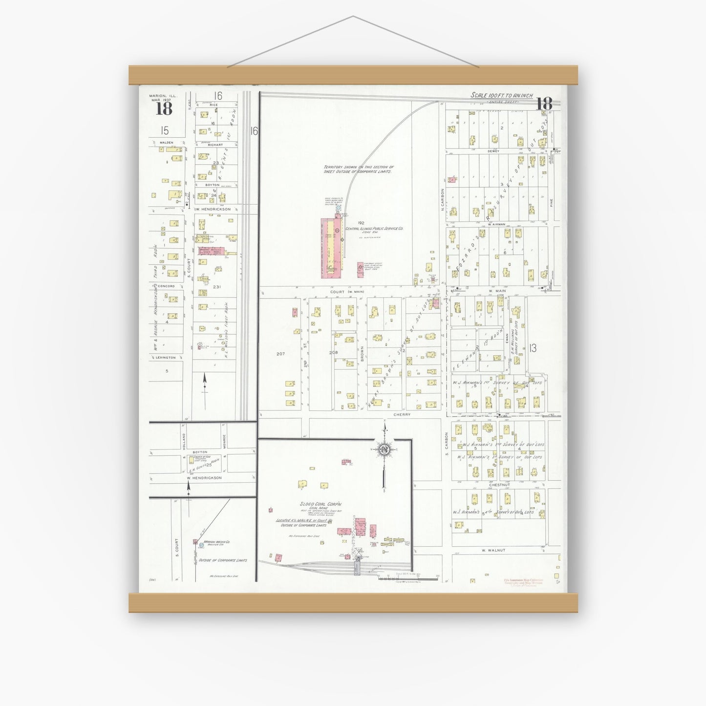 Old map wall art mockup — magnetic wood frame on white wall — Sanborn Fire Insurance Map from Marion, Williamson County, Illinois (1937), Sheet #0018