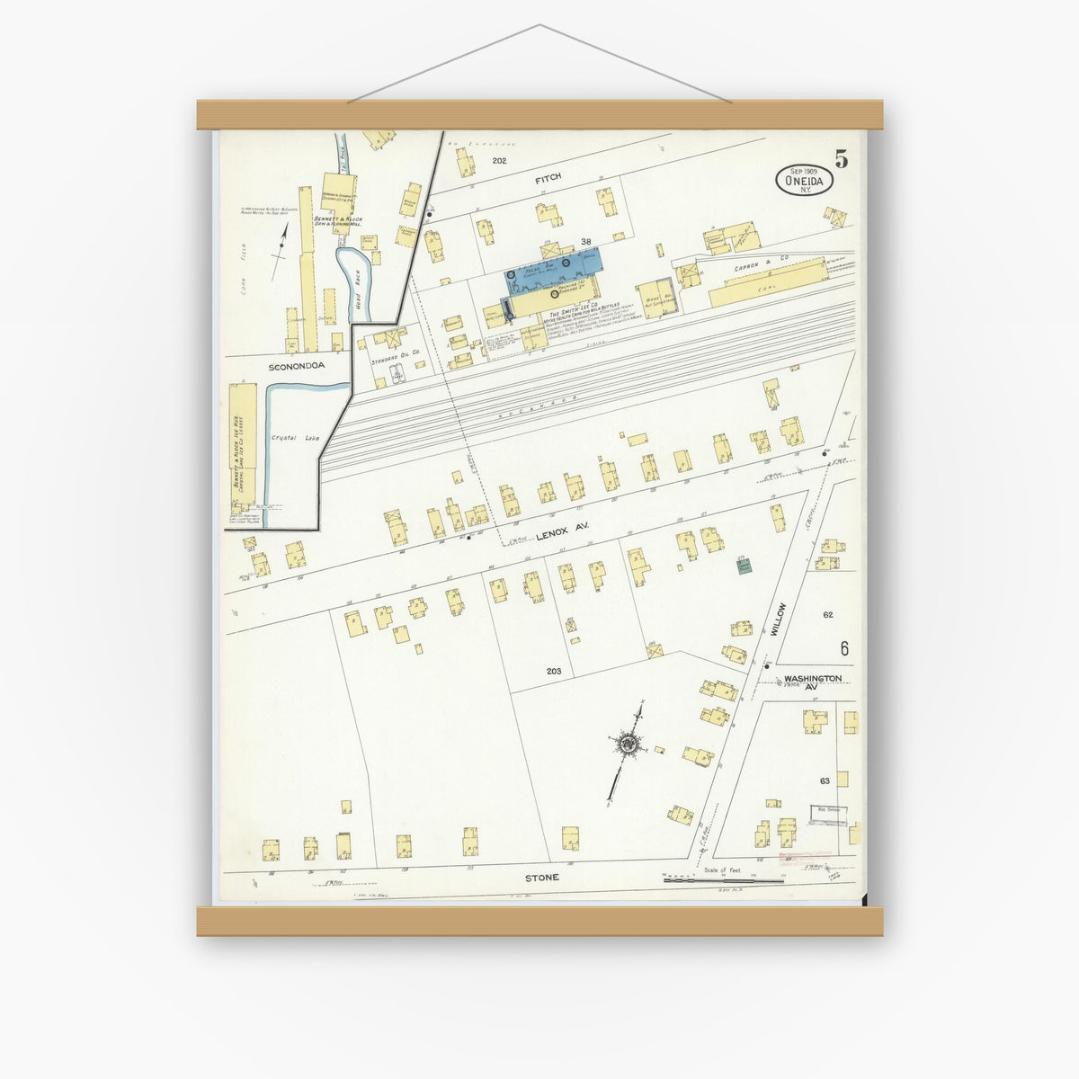 Old map wall art mockup — magnetic wood frame on white wall — Sanborn Fire Insurance Map from Oneida, Madison County, New York (1909), Sheet #0005