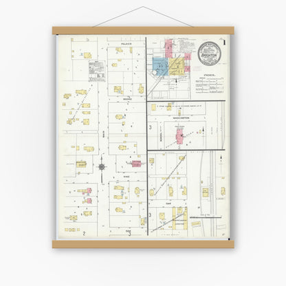 Old map wall art mockup — magnetic wood frame on white wall — Sanborn Fire Insurance Map from Brighton, Macoupin County, Illinois (1910) - Complete Map Set