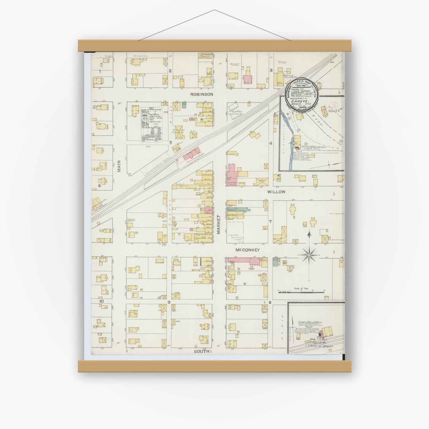 Old map wall art mockup — magnetic wood frame on white wall — Sanborn Fire Insurance Map from Shreve, Wayne County, Ohio (1892), Sheet #0001