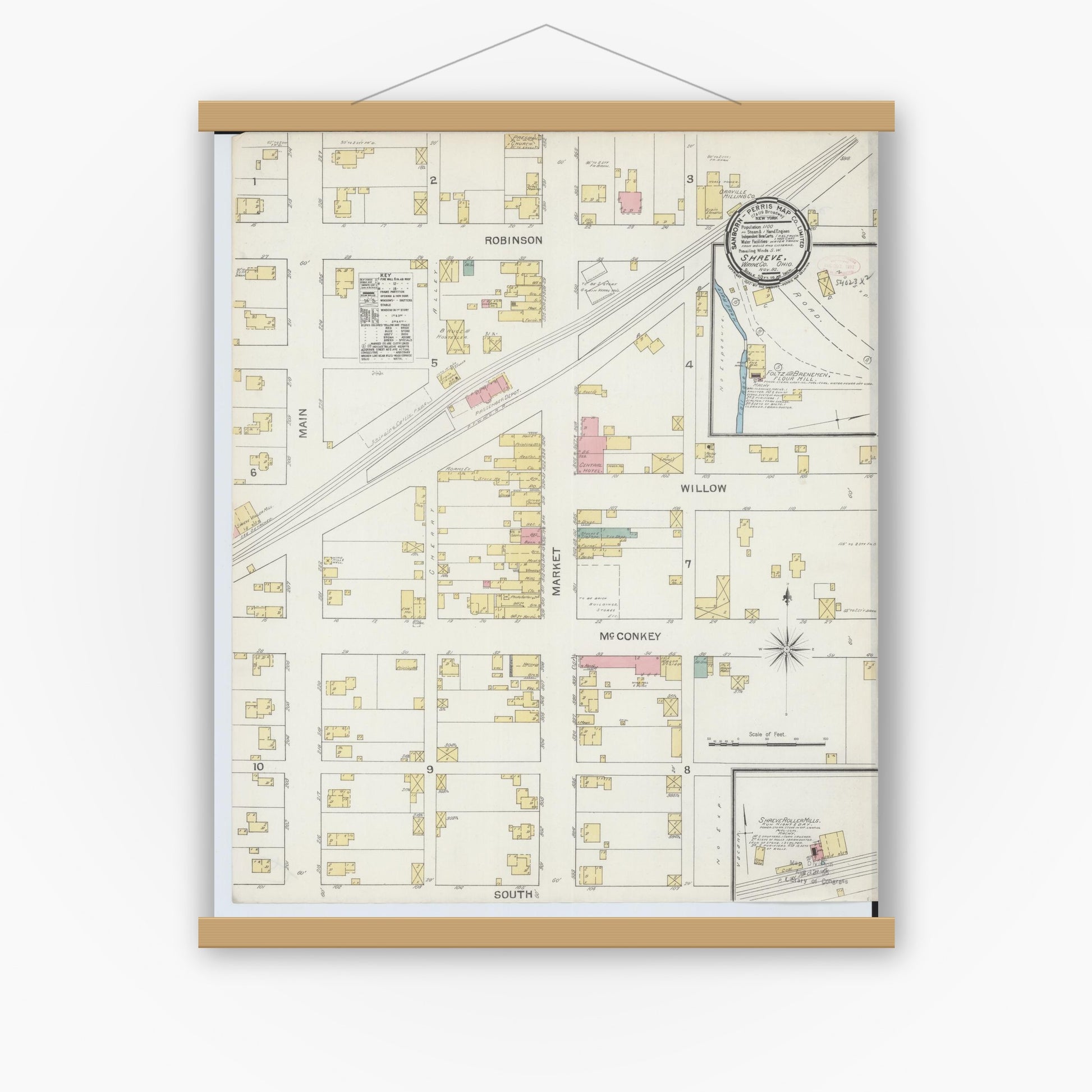 Old map wall art mockup — magnetic wood frame on white wall — Sanborn Fire Insurance Map from Shreve, Wayne County, Ohio (1892), Sheet #0001