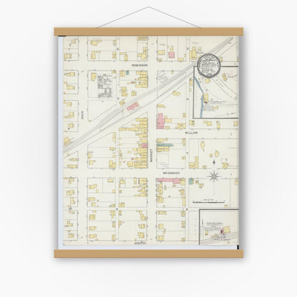 Old map wall art mockup — magnetic wood frame on white wall — Sanborn Fire Insurance Map from Shreve, Wayne County, Ohio (1892), Sheet #0001