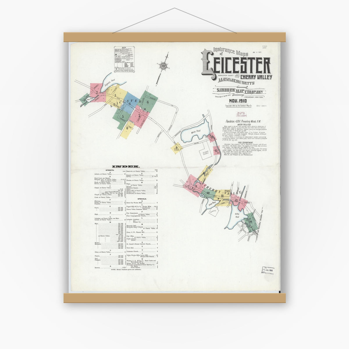 Old map wall art mockup — magnetic wood frame on white wall — Sanborn Fire Insurance Map from Leicester, Worcester County, Massachusetts (1910) - Complete Map Set