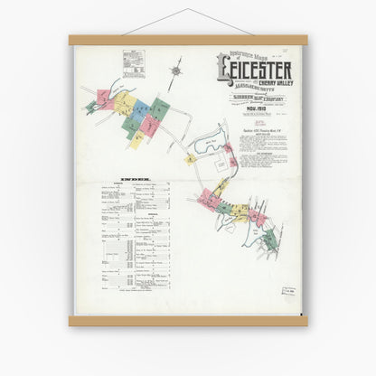 Old map wall art mockup — magnetic wood frame on white wall — Sanborn Fire Insurance Map from Leicester, Worcester County, Massachusetts (1910) - Complete Map Set